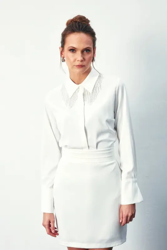 Рубашка с прозрачным аксессуаром для воротника - ЭКРУ - 2