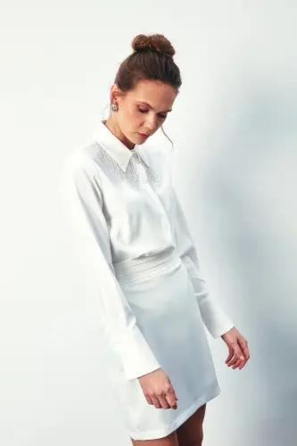 Рубашка с прозрачным аксессуаром для воротника - ЭКРУ - 4