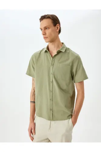 Рубашка Slim Fit с короткими рукавами, хлопком и карманом - Зеленый - 3