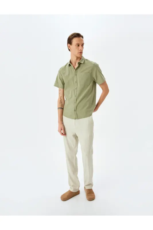 Рубашка Slim Fit с короткими рукавами, хлопком и карманом - Зеленый - 2