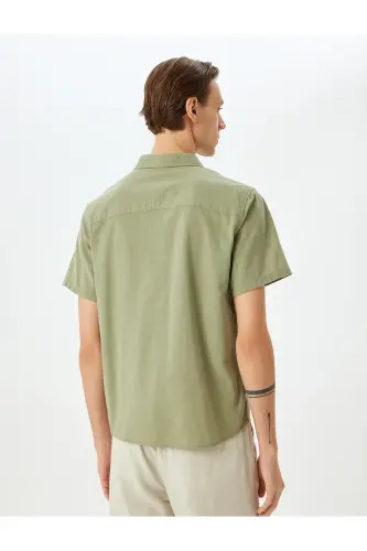 Рубашка Slim Fit с короткими рукавами, хлопком и карманом - Зеленый - 4