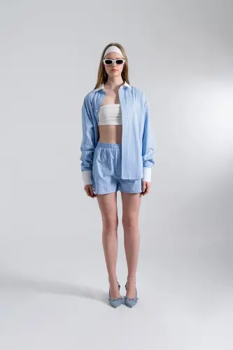 Рубашка свободного кроя в полоску Harmony Poplin, синяя - 3