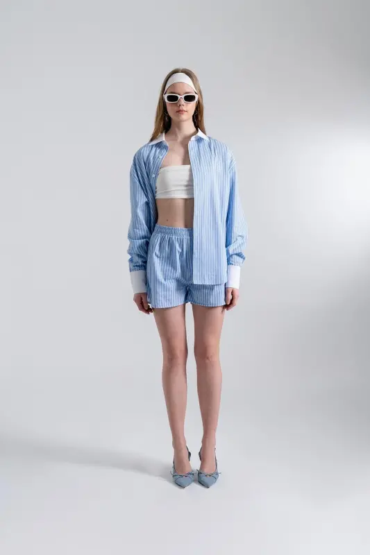 Рубашка свободного кроя в полоску Harmony Poplin, синяя - 3