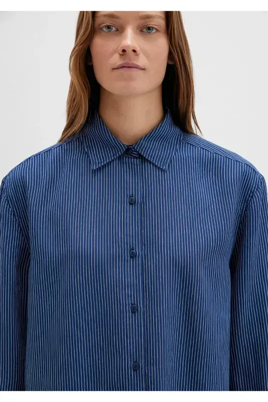 Рубашка в полоску темно-синего цвета свободного кроя / свободного покроя - 6