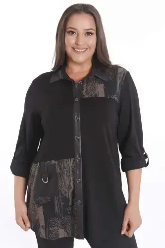 Рубашка вязаная коричневая с деталями из кожи и накладным карманом большого размера - 1