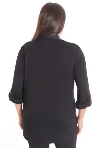 Рубашка вязаная коричневая с деталями из кожи и накладным карманом большого размера - 7