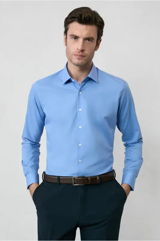 Рубашка хлопковая Slim Fit с длинным рукавом, зауженная, не требующая глажки, Non Iron - аквамариновый - 3