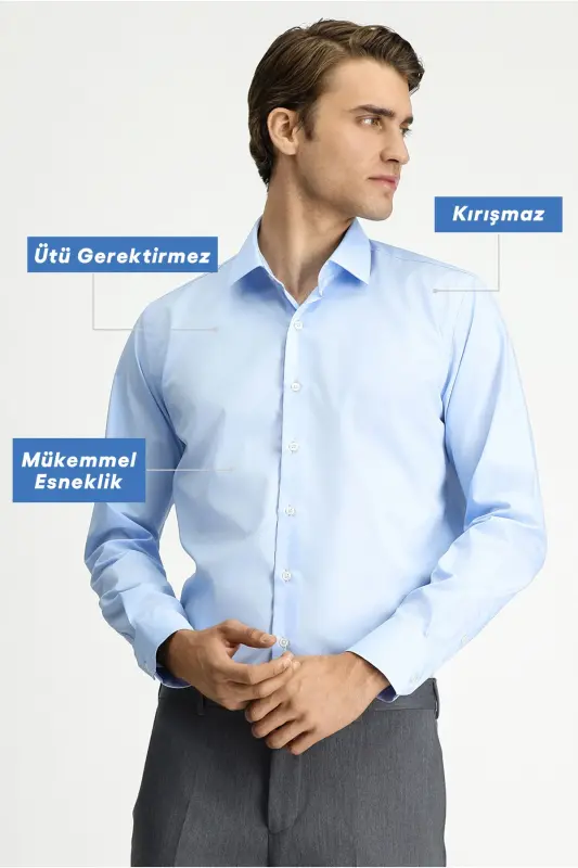 Рубашка хлопковая Slim Fit с длинным рукавом, зауженного кроя, не требующая глажки, Non Iron - светло-голубая - 1