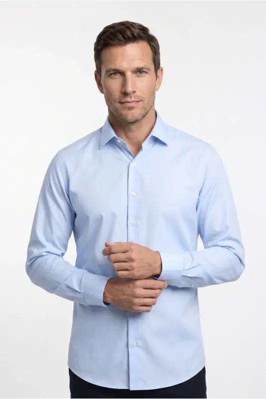 Рубашка хлопковая Slim Fit с длинным рукавом, зауженного кроя, не требующая глажки, Non Iron - светло-голубая - 2