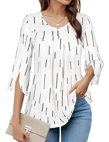 Viracy 3/4 Sleeve Tunic Tops to Wear with Leggings Crewneck Pleated Long Loose Fit Shirt Blouses 