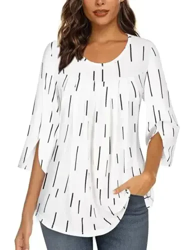 Viracy 3/4 Sleeve Tunic Tops to Wear with Leggings Crewneck Pleated Long Loose Fit Shirt Blouses - 4