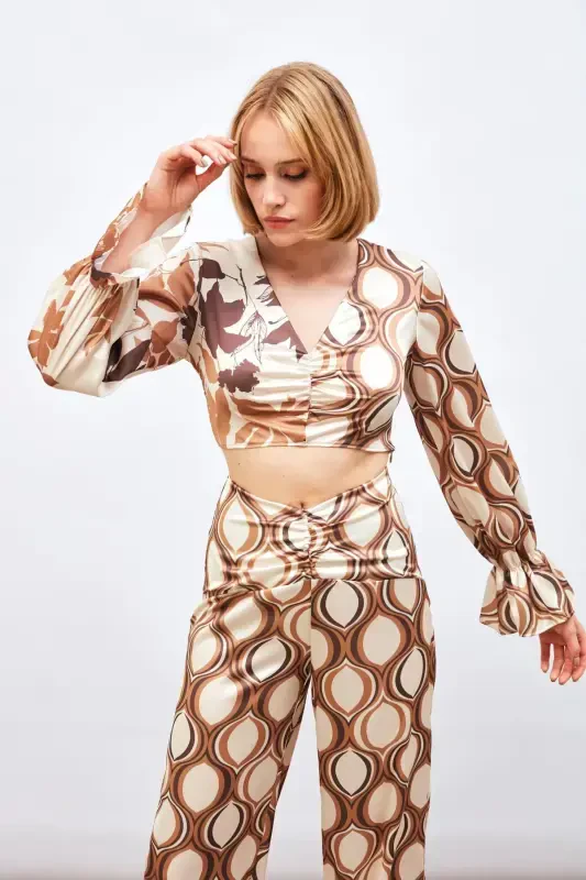 Ruched Detail Patterned Blouse - CAMEL - 1