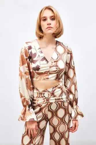 Ruched Detail Patterned Blouse - CAMEL - 4