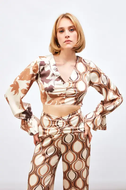 Ruched Detail Patterned Blouse - CAMEL - 5