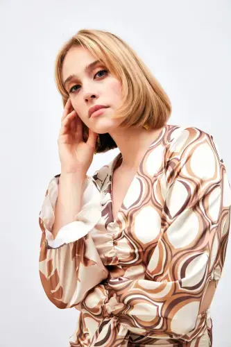 Ruched Detail Patterned Blouse - CAMEL - 7