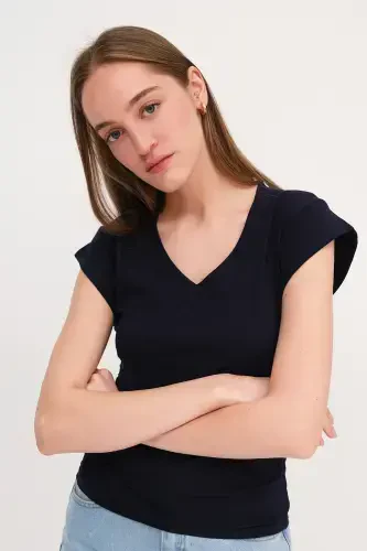 Ruched Side V-Neck T-Shirt P1566-S1-Navy Blue - ADDAX (1)