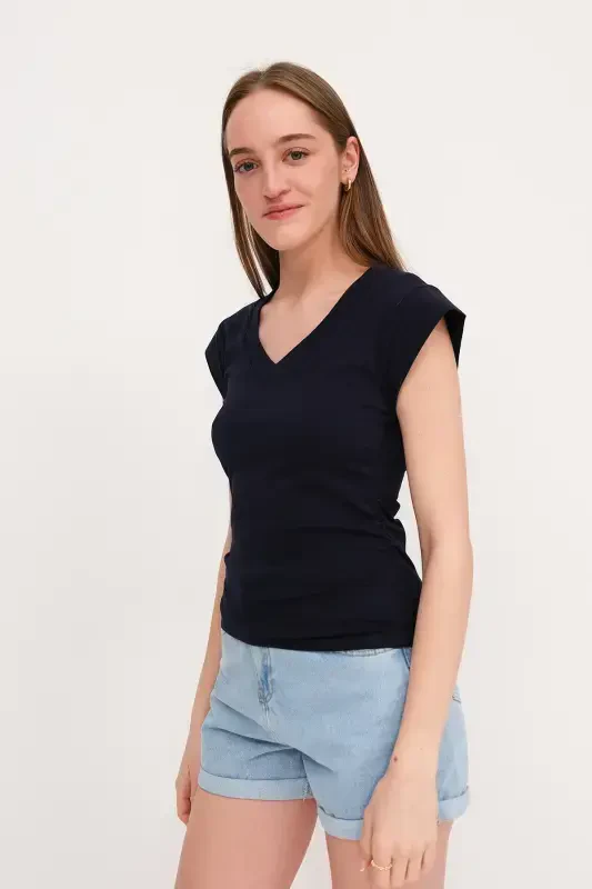 Ruched Side V-Neck T-Shirt P1566-S1-Navy Blue - 4