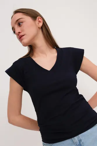 Ruched Side V-Neck T-Shirt P1566-S1-Navy Blue 