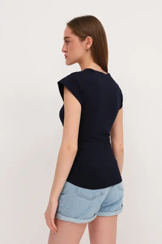 Ruched Side V-Neck T-Shirt P1566-S1-Navy Blue - 5
