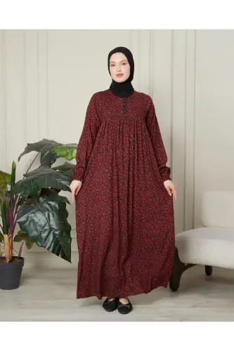 Ruched Yoke Front Buttoned Viscose Fabric Hijab Clothing Mother Dress Prayer Dress - Burgundy Thin Paisley Pattern 