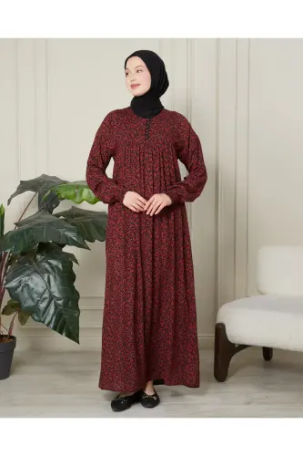Ruched Yoke Front Buttoned Viscose Fabric Hijab Clothing Mother Dress Prayer Dress - Burgundy Thin Paisley Pattern - 4