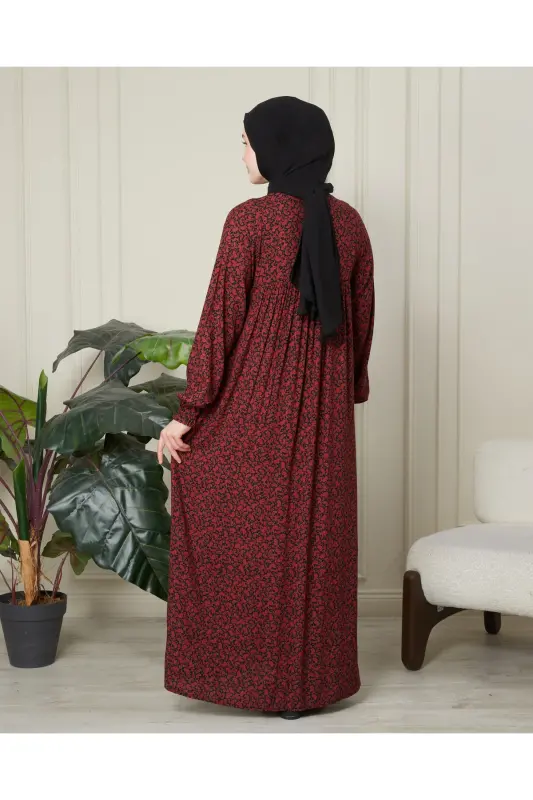 Ruched Yoke Front Buttoned Viscose Fabric Hijab Clothing Mother Dress Prayer Dress - Burgundy Thin Paisley Pattern - 7
