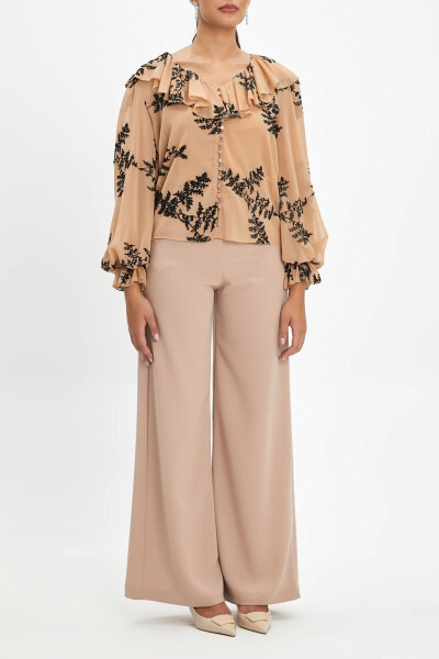 Ruffle Collar Button Front Embroidered Lace Sleeve Flounce Beige Black Shirt 37333 - SERPIL