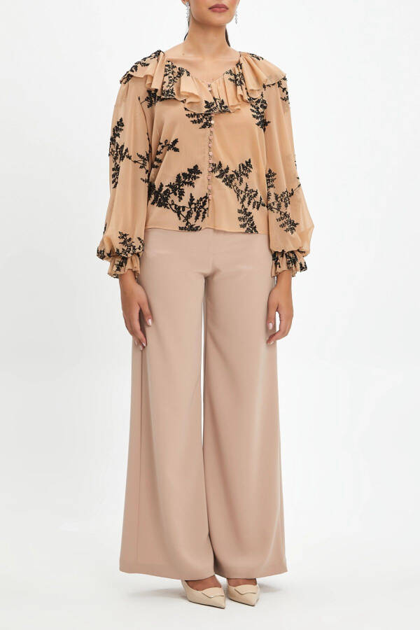 Ruffle Collar Button Front Embroidered Lace Sleeve Flounce Beige Black Shirt 37333 - 1