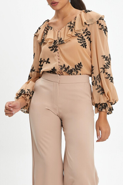 Ruffle Collar Button Front Embroidered Lace Sleeve Flounce Beige Black Shirt 37333 - SERPIL (1)