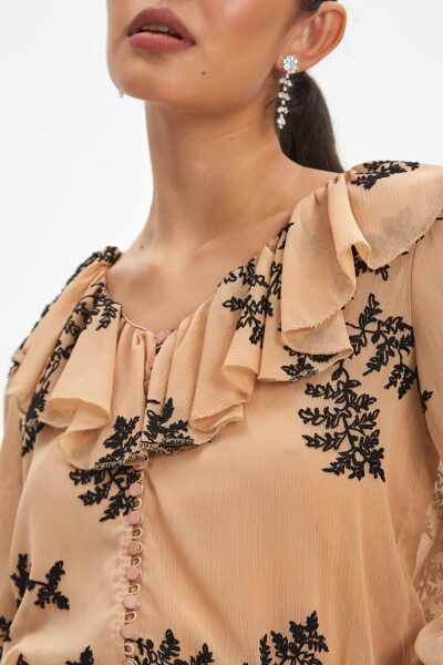 Ruffle Collar Button Front Embroidered Lace Sleeve Flounce Beige Black Shirt 37333 - 3