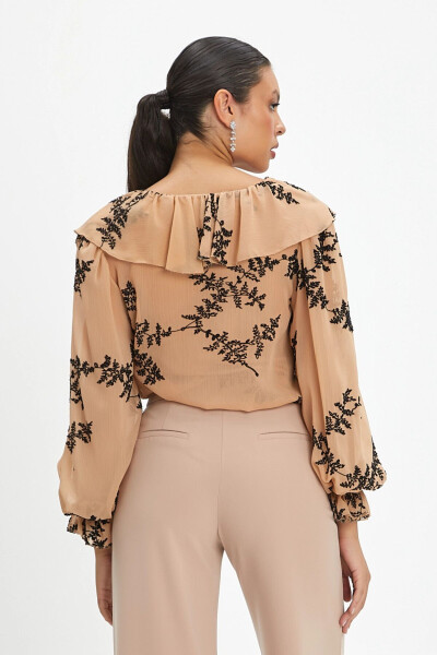 Ruffle Collar Button Front Embroidered Lace Sleeve Flounce Beige Black Shirt 37333 - 4