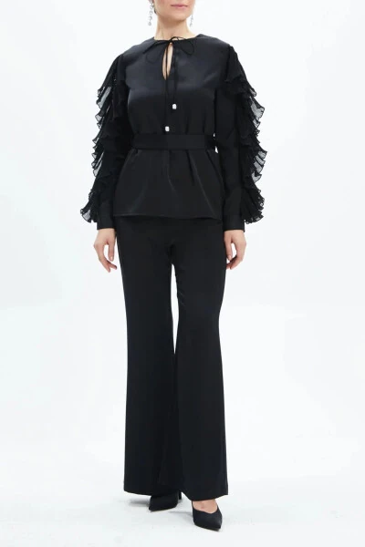 Ruffle Detail Co-ord with Wide Leg Trousers & Belted Blouse in Black (39171) - Modazone