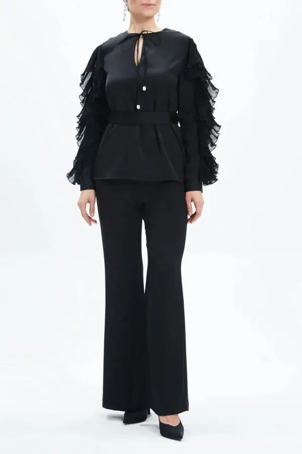 Ruffle Detail Co-ord with Wide Leg Trousers & Belted Blouse in Black (39171) - 1