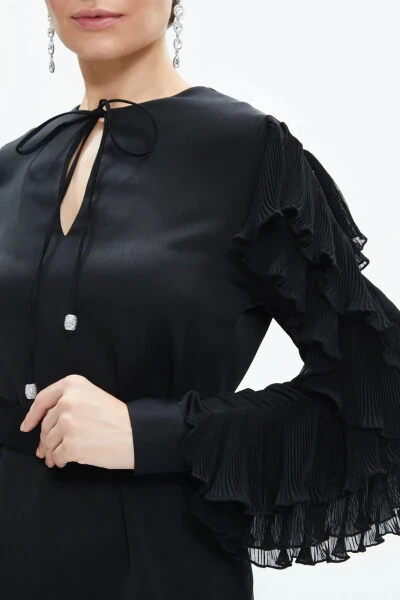 Ruffle Detail Co-ord with Wide Leg Trousers & Belted Blouse in Black (39171) - Modazone (1)