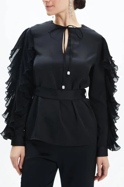 Ruffle Detail Co-ord with Wide Leg Trousers & Belted Blouse in Black (39171) - 3