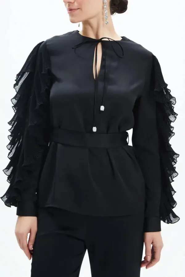 Ruffle Detail Co-ord with Wide Leg Trousers & Belted Blouse in Black (39171) - 3