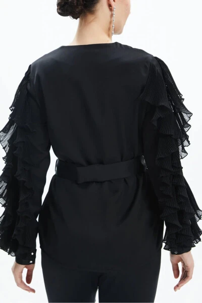 Ruffle Detail Co-ord with Wide Leg Trousers & Belted Blouse in Black (39171) - 4