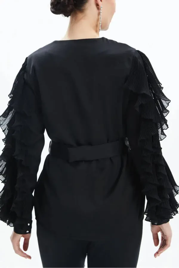 Ruffle Detail Co-ord with Wide Leg Trousers & Belted Blouse in Black (39171) - 4