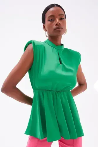 Ruffle Detail Satin Blouse - Emerald - 1