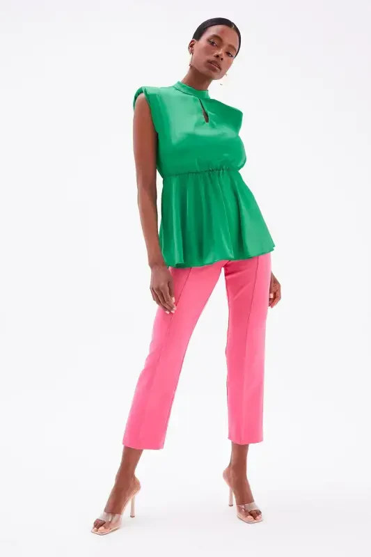 Ruffle Detail Satin Blouse - Emerald - 4