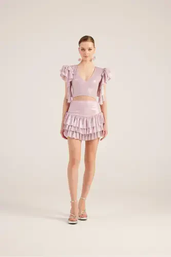 Ruffle Detail Skirt Blouse Nana Set Pink - 1