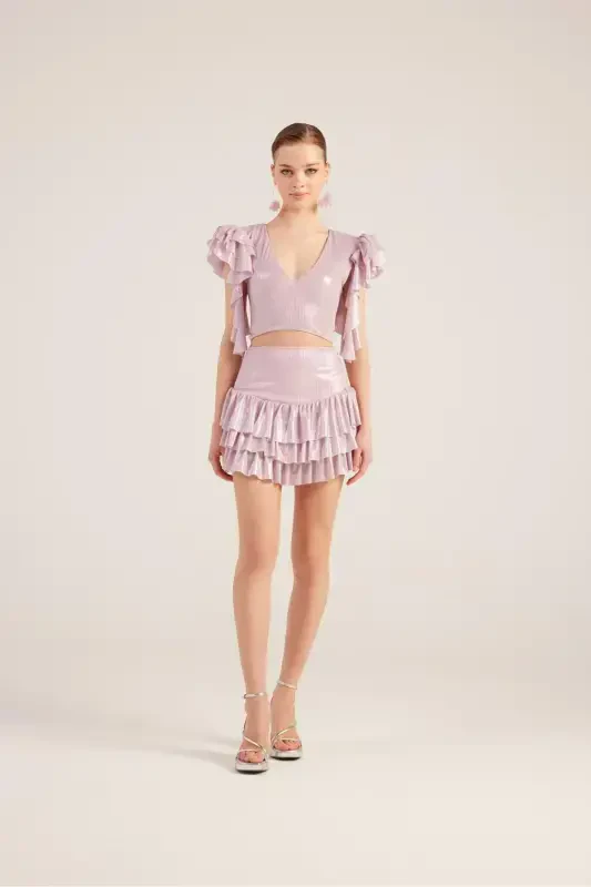 Ruffle Detail Skirt Blouse Nana Set Pink - 1