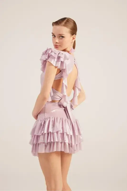 Ruffle Detail Skirt Blouse Nana Set Pink - 2