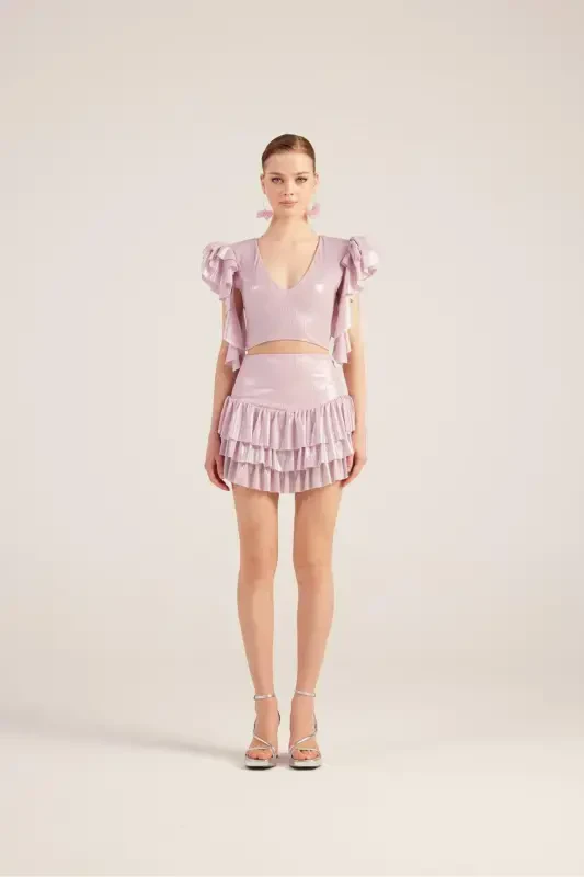 Ruffle Detail Skirt Blouse Nana Set Pink - 3