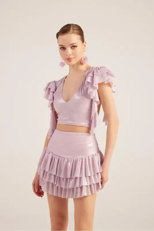 Ruffle Detail Skirt Blouse Nana Set Pink - 4