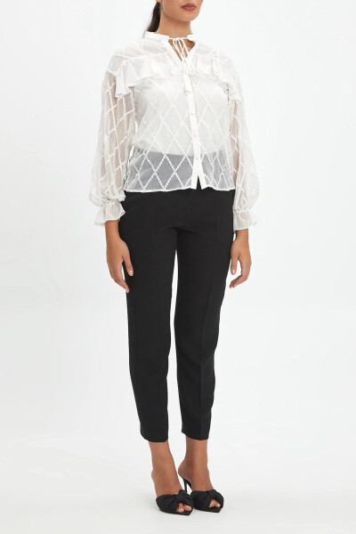 Ruffle Detailed Balloon Sleeve V Biker Neck Ecru Shirt 39851 - SERPİL