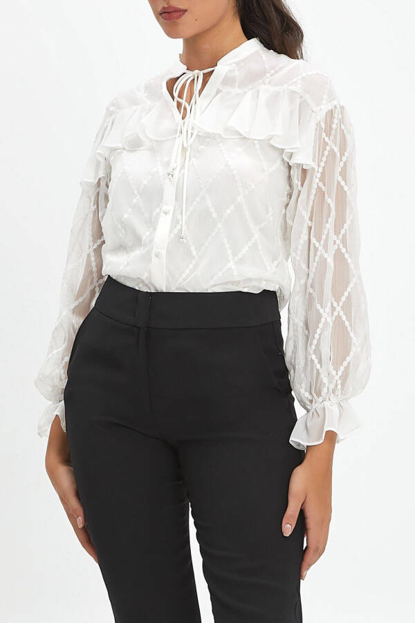 Ruffle Detailed Balloon Sleeve V Biker Neck Ecru Shirt 39851 - 4