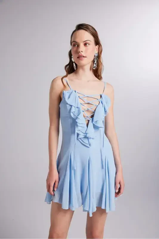 Ruffle Detailed Chiffon Mini Sorrento Dress Blue - 1