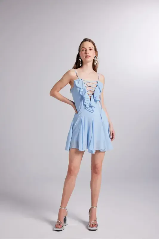Ruffle Detailed Chiffon Mini Sorrento Dress Blue - 2