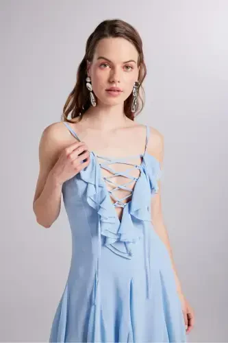 Ruffle Detailed Chiffon Mini Sorrento Dress Blue - 3